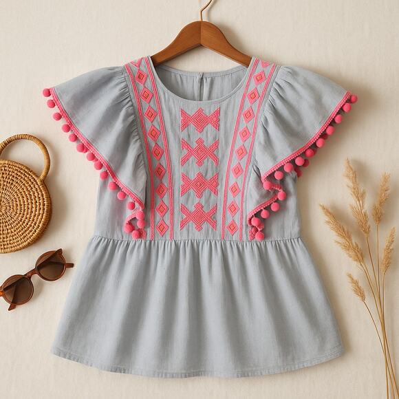 Lilly Pulitzer Pom Pom Flutter Sleeve Peplum Boho Coastal Resort Top XS - Picture 2 of 12